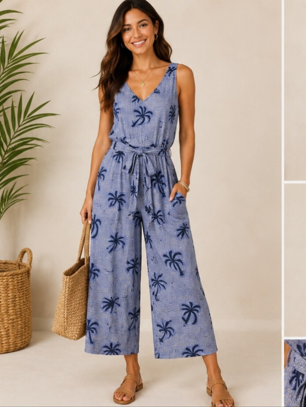 NWT HIHO Melly Palm Print Sleeveless Wide Leg Jumpsuit XS Resort Vacation